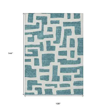 9' X 12' Teal Blue And Ivory Abstract Washable Indoor Outdoor Area Rug