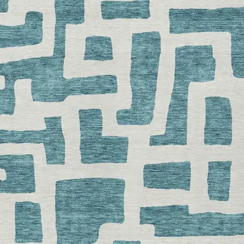 9' X 12' Teal Blue And Ivory Abstract Washable Indoor Outdoor Area Rug