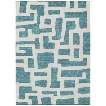 10' X 14' Teal Blue And Ivory Abstract Washable Indoor Outdoor Area Rug