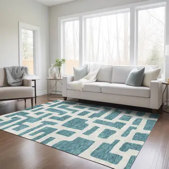 10' X 14' Teal Blue And Ivory Abstract Washable Indoor Outdoor Area Rug