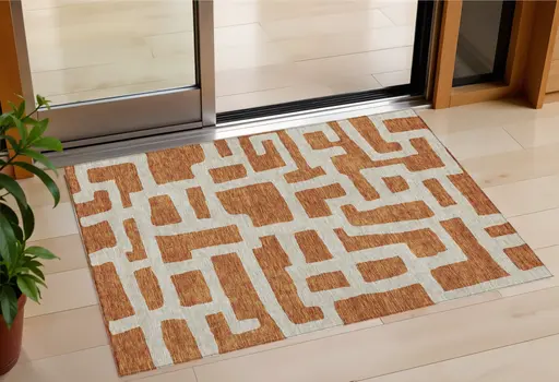 3' X 5' Terra Cotta And Gray Abstract Washable Indoor Outdoor Area Rug