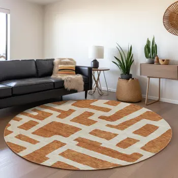 8' Terra Cotta And Gray Round Abstract Washable Indoor Outdoor Area Rug