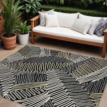 9' X 12' Black Gray And Ivory Floral Washable Indoor Outdoor Area Rug