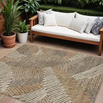 10' X 14' Brown And Ivory Floral Washable Indoor Outdoor Area Rug