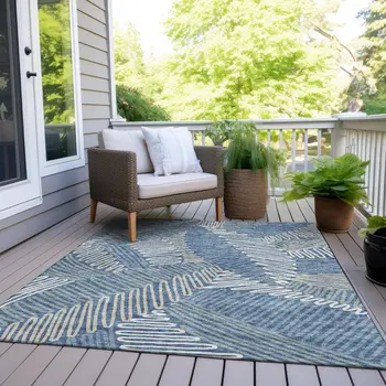 5' X 8' Blue Gray And Ivory Floral Washable Indoor Outdoor Area Rug