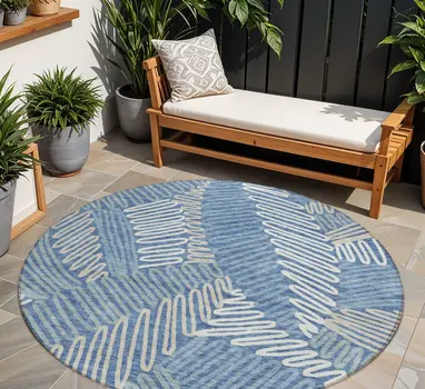 8' Blue Gray And Ivory Round Floral Washable Indoor Outdoor Area Rug