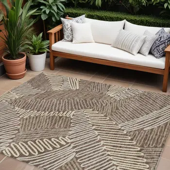 8' X 10' Chocolate And Ivory Floral Washable Indoor Outdoor Area Rug