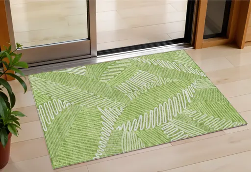 3' X 5' Lime Green And Ivory Floral Washable Indoor Outdoor Area Rug