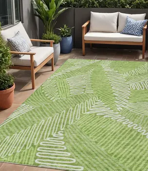 5' X 8' Lime Green And Ivory Floral Washable Indoor Outdoor Area Rug