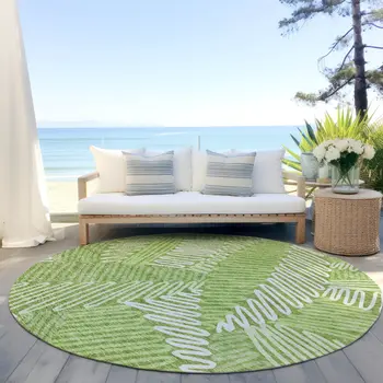 8' Lime Green And Ivory Round Floral Washable Indoor Outdoor Area Rug