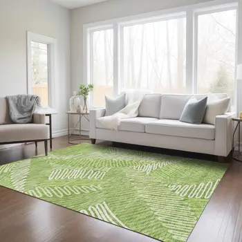 8' X 10' Lime Green And Ivory Floral Washable Indoor Outdoor Area Rug