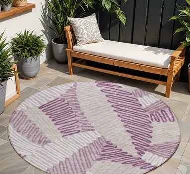 8' Lavender Purple And Ivory Round Floral Washable Indoor Outdoor Area Rug