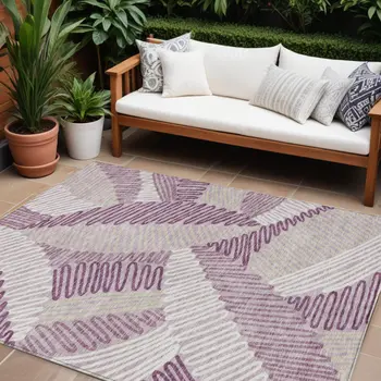 8' X 10' Lavender Purple And Ivory Floral Washable Indoor Outdoor Area Rug
