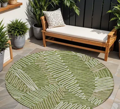 8' Olive Green Brown And Ivory Round Floral Washable Indoor Outdoor Area Rug