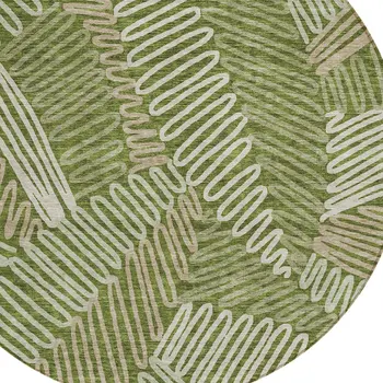 8' Olive Green Brown And Ivory Round Floral Washable Indoor Outdoor Area Rug