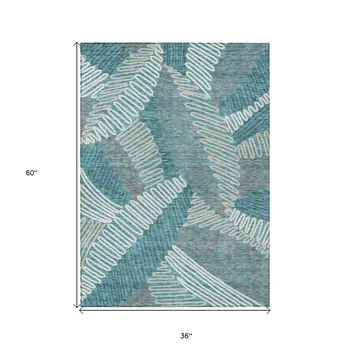 3' X 5' Teal Blue Gray And Ivory Floral Washable Indoor Outdoor Area Rug