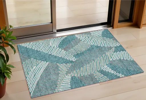 3' X 5' Teal Blue Gray And Ivory Floral Washable Indoor Outdoor Area Rug