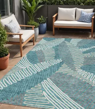 5' X 8' Teal Blue Gray And Ivory Floral Washable Indoor Outdoor Area Rug