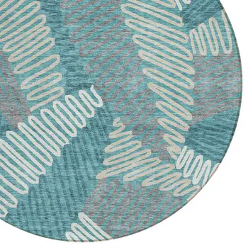 8' Teal Blue Gray And Ivory Round Floral Washable Indoor Outdoor Area Rug