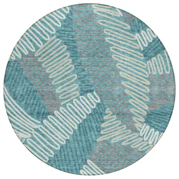 8' Teal Blue Gray And Ivory Round Floral Washable Indoor Outdoor Area Rug