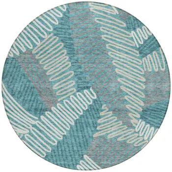 8' Teal Blue Gray And Ivory Round Floral Washable Indoor Outdoor Area Rug