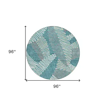 8' Teal Blue Gray And Ivory Round Floral Washable Indoor Outdoor Area Rug