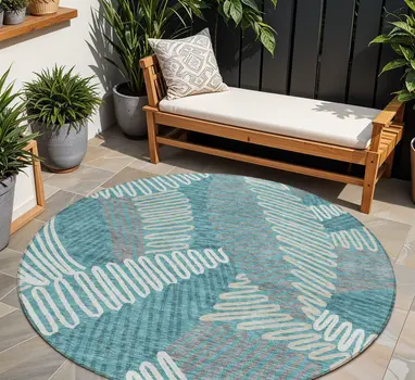 8' Teal Blue Gray And Ivory Round Floral Washable Indoor Outdoor Area Rug