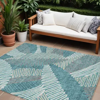 10' X 14' Teal Blue Gray And Ivory Floral Washable Indoor Outdoor Area Rug