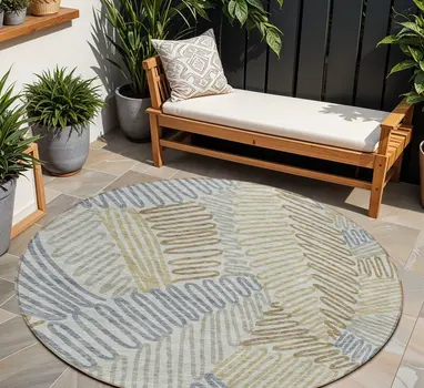 8' Taupe Gray And Beige Round Floral Washable Indoor Outdoor Area Rug