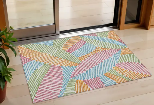 3' X 5' Blue Green And Pink Floral Washable Indoor Outdoor Area Rug