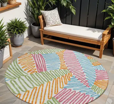 8' Blue Green And Pink Round Floral Washable Indoor Outdoor Area Rug
