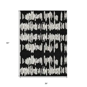 3' X 5' Black Ivory And Gray Striped Washable Indoor Outdoor Area Rug