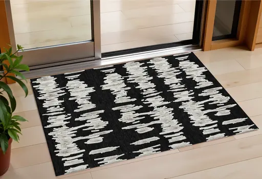 3' X 5' Black Ivory And Gray Striped Washable Indoor Outdoor Area Rug
