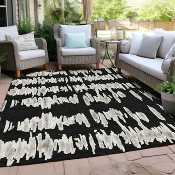 3' X 5' Black Ivory And Gray Striped Washable Indoor Outdoor Area Rug