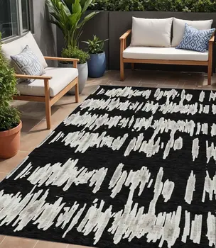 5' X 8' Black Ivory And Gray Striped Washable Indoor Outdoor Area Rug