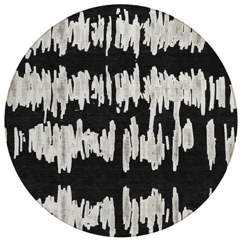 8' Black Ivory And Gray Round Striped Washable Indoor Outdoor Area Rug