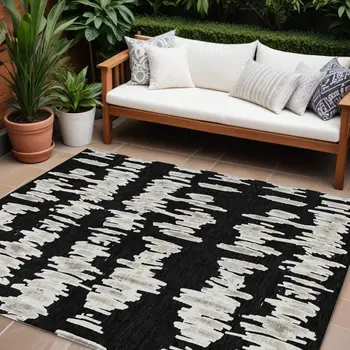 8' X 10' Black Ivory And Gray Striped Washable Indoor Outdoor Area Rug