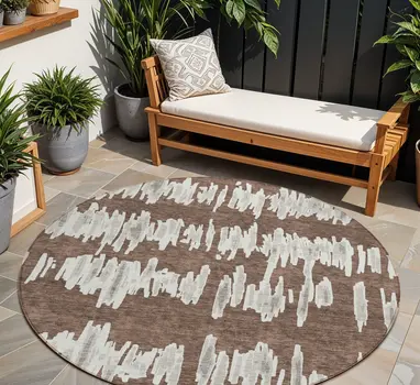 8' Brown Ivory And Gray Round Striped Washable Indoor Outdoor Area Rug