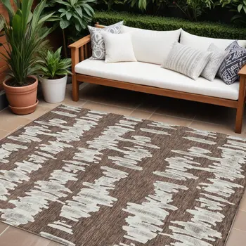 9' X 12' Brown Ivory And Gray Striped Washable Indoor Outdoor Area Rug