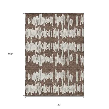 10' X 14' Brown Ivory And Gray Striped Washable Indoor Outdoor Area Rug