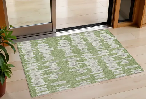 3' X 5' Green Gray And Ivory Striped Washable Indoor Outdoor Area Rug