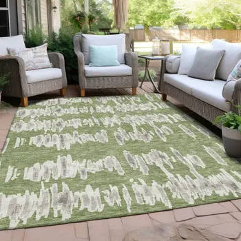3' X 5' Green Gray And Ivory Striped Washable Indoor Outdoor Area Rug