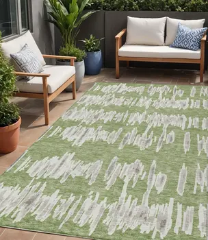 5' X 8' Green Gray And Ivory Striped Washable Indoor Outdoor Area Rug