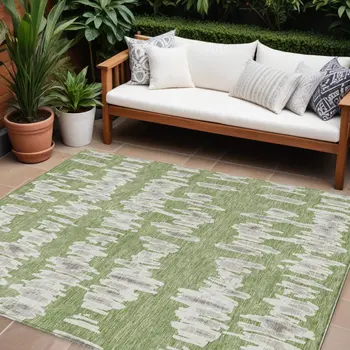 9' X 12' Green Gray And Ivory Striped Washable Indoor Outdoor Area Rug