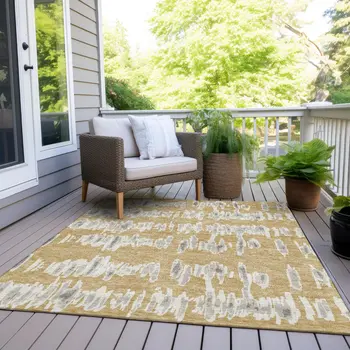 5' X 8' Gold Gray And Ivory Striped Washable Indoor Outdoor Area Rug