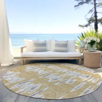 8' Gold Gray And Ivory Round Striped Washable Indoor Outdoor Area Rug