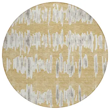 8' Gold Gray And Ivory Round Striped Washable Indoor Outdoor Area Rug