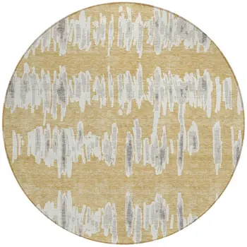 8' Gold Gray And Ivory Round Striped Washable Indoor Outdoor Area Rug