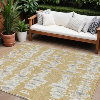 8' X 10' Gold Gray And Ivory Striped Washable Indoor Outdoor Area Rug