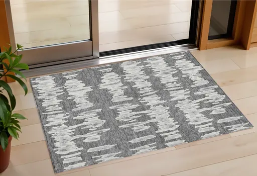 3' X 5' Gray And Ivory Striped Washable Indoor Outdoor Area Rug
